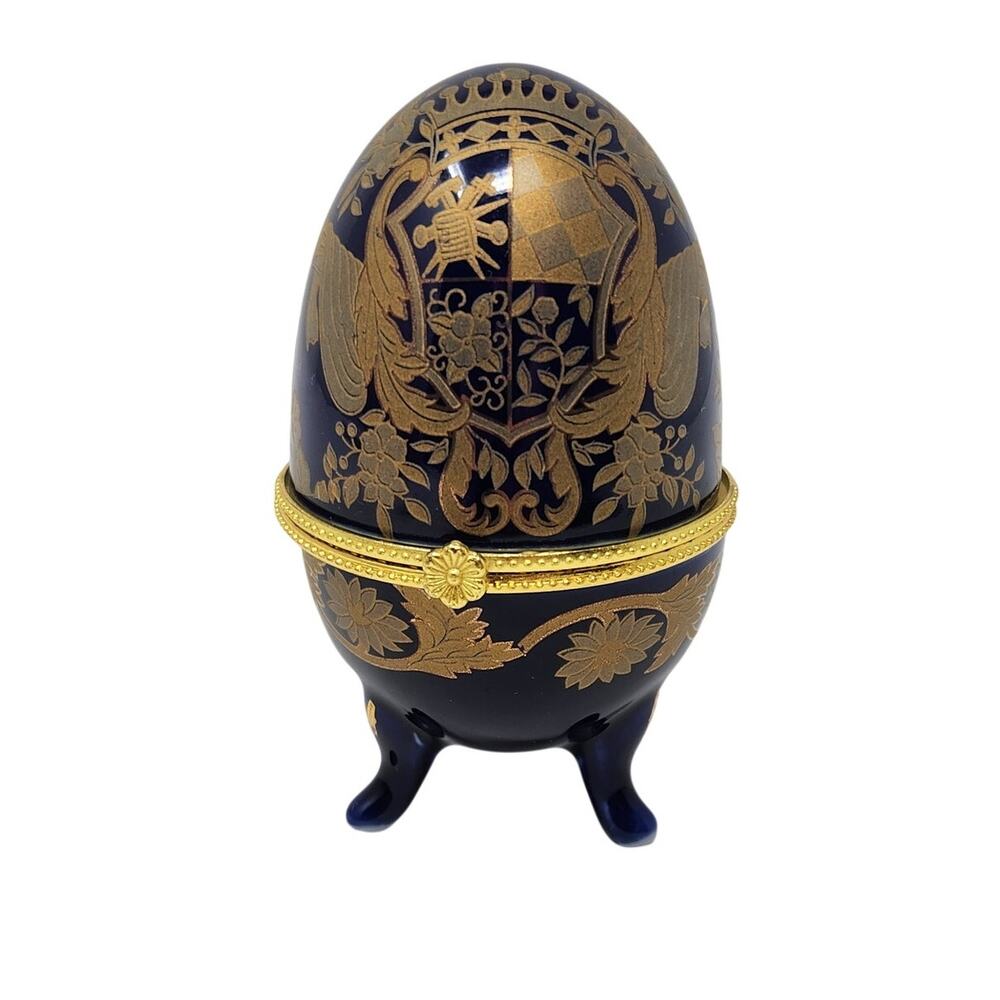Vintage Cobalt Blue Gold Porcelain Decorative Trinket Faberge Egg Jewelry Box
